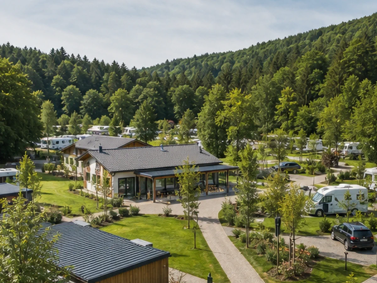 Campingplatz mit Wegen, Bäumen und festen Betriebsgebäuden